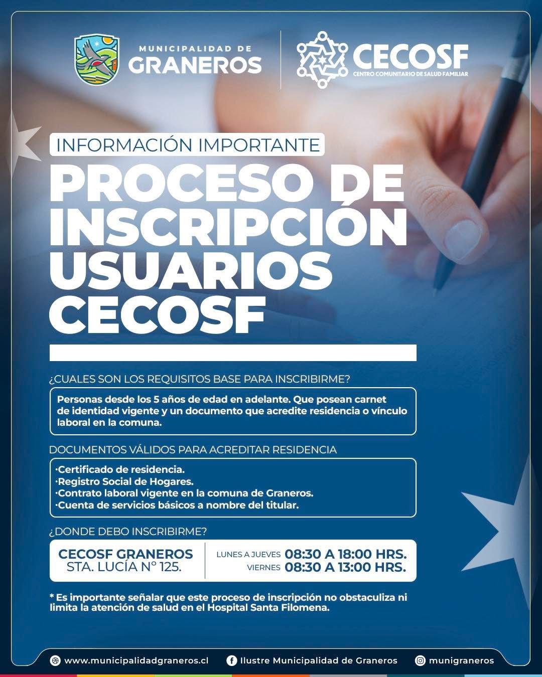 CECOSF GRANEROS ABRE INSCRIPCIÓN PARA TODOS LOS VECINOS Y VECINAS DE LA COMUNA